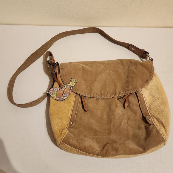 FOSSIL Boho Velour Messenger Bag Bird Bag Charm Leather Accents Y2K 90s Hippie - Picture 13 of 13